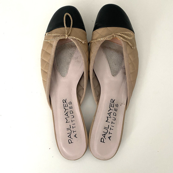 Paul Mayer Attitudes Quilted Mule Flat Slip On Nude Beige Black Cap Toe Round 11 - Picture 5 of 9